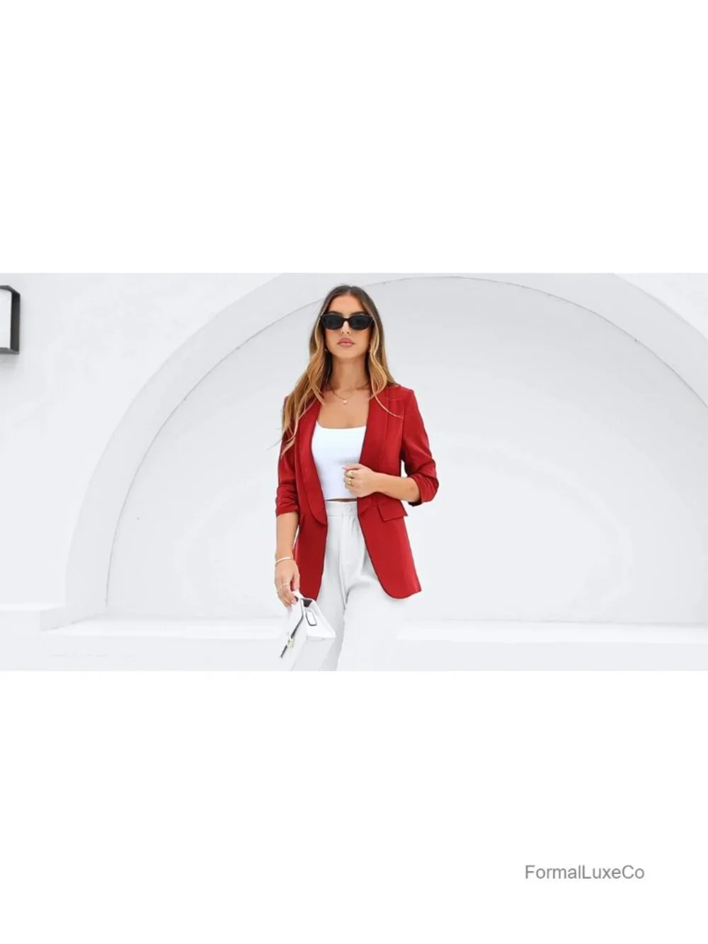 Women's Open Front 3/4 Sleeve Ruched Blazer Business Casual Lightweight Suit